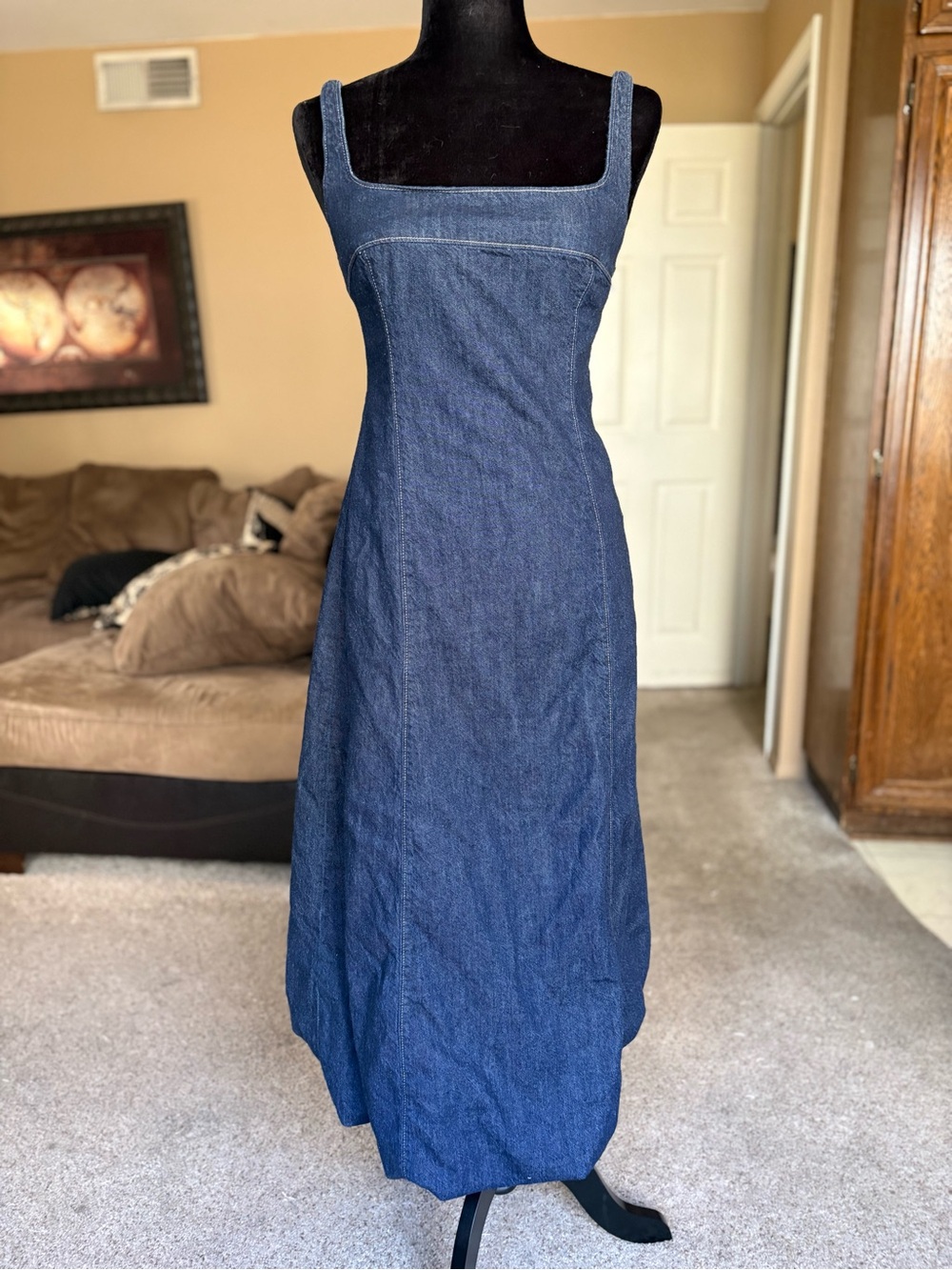Zara Denim Square-Neck Maxi Bubble Dress Deep Blue Size Small